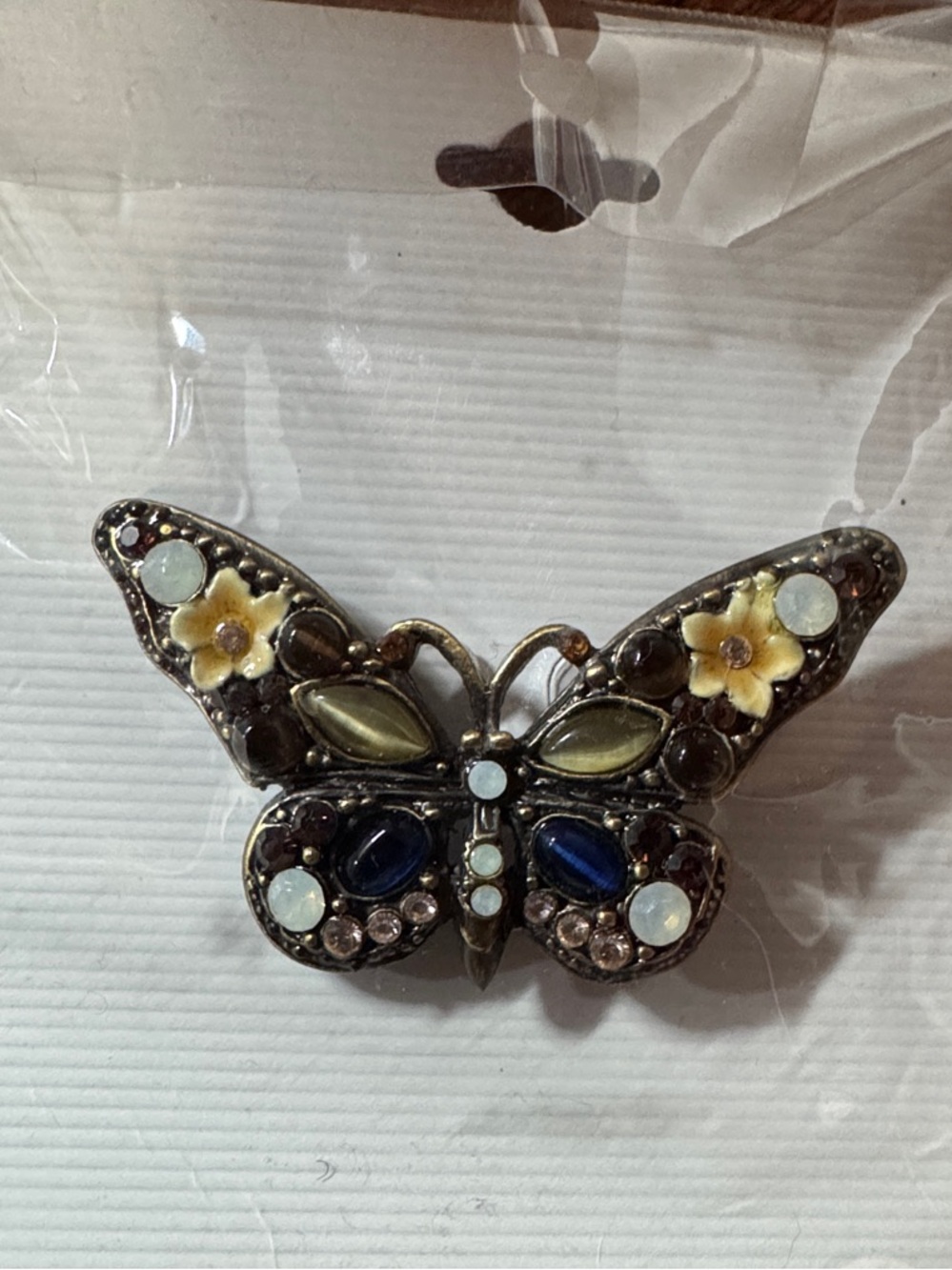Butterfly Brooch with Yellow Flower Accents and Blue Stones